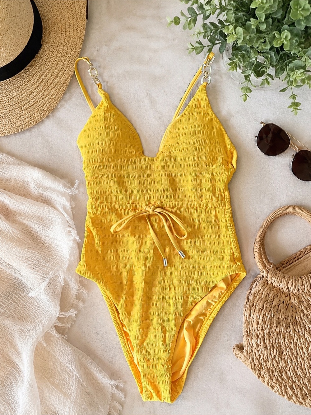 NWT Trina Turk Smocked One-Piece Swimsuit Mango Gold Chain Straps Size 4